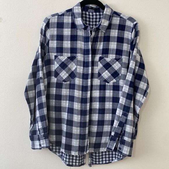 Velvet Heart plaid navy and white button down large cotton - Picture 1 of 7